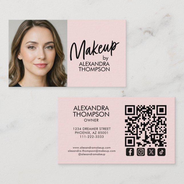Cartão De Visita Blush Pink Black Script Qr Code Social Icon Makeup (Frente/Verso)
