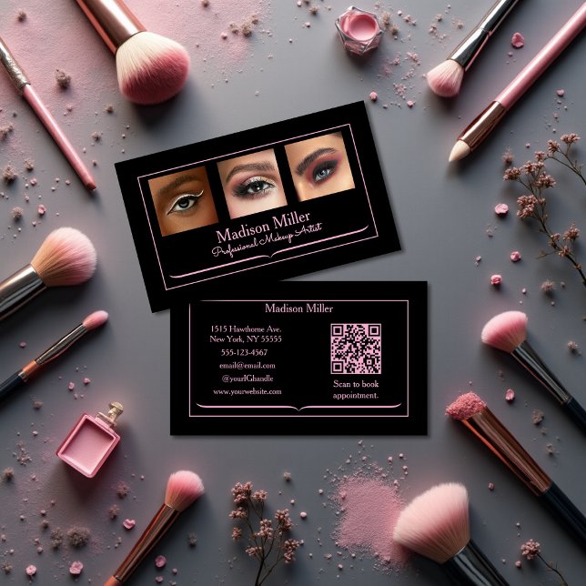 Cartão De Visita Blush Pink Black Social Icon QR Code Photo Makeup (Criador carregado)