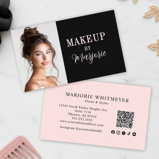 Cartão De Visita Blush Pink Black Social Icon QR Code Photo Makeup (modern black blush pink script photo makeup business card with modern typography qr code and social )