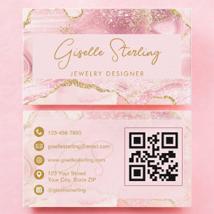Cartão De Visita Blush Pink Gold Ágata Código QR Joias Designer 