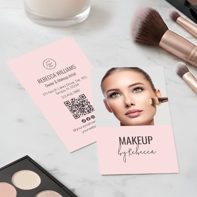 Cartão De Visita Blush Pink Modern Script Font QR Code Photo Makeup (Modern blush pink photo business card with QR code for makeup and beauty professionals)