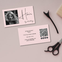 Cartão De Visita Blush Pink Photo Black Script Hair QR Code Social