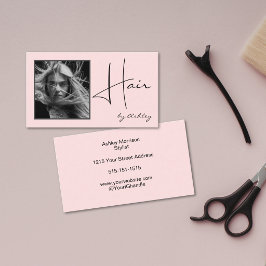 Cartão De Visita Blush Pink Photo Black Script Hair Stylist