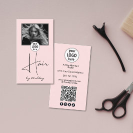 Cartão De Visita Blush Pink Photo Script Hair Logo QR Code Social