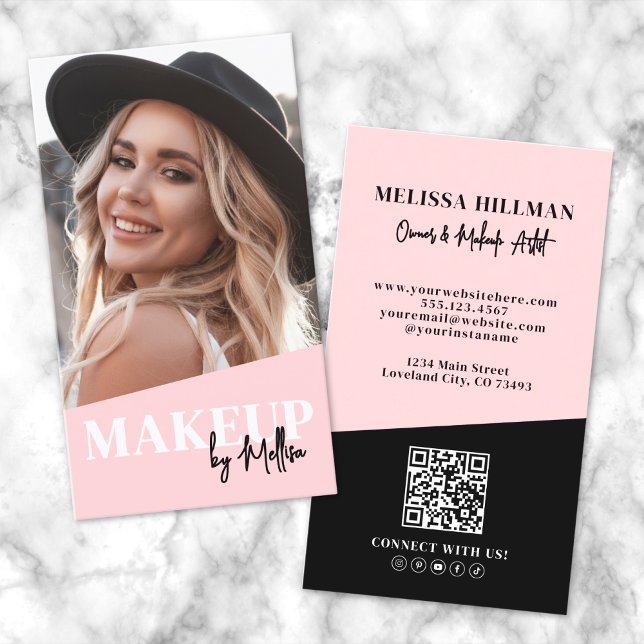 Cartão De Visita Blush Pink QR Code Photo Makeup Vertical (Blush Pink QR Code Photo Makeup Vertical Business Card)