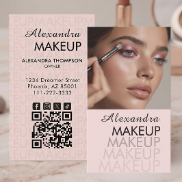 Cartão De Visita Blush Pink Script Código QR Foto Maquiagem