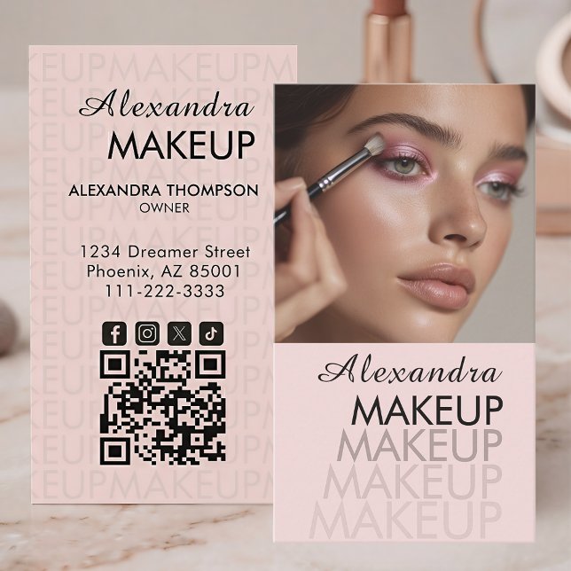 Cartão De Visita Blush Pink Script Código QR Foto Maquiagem (Criador carregado)