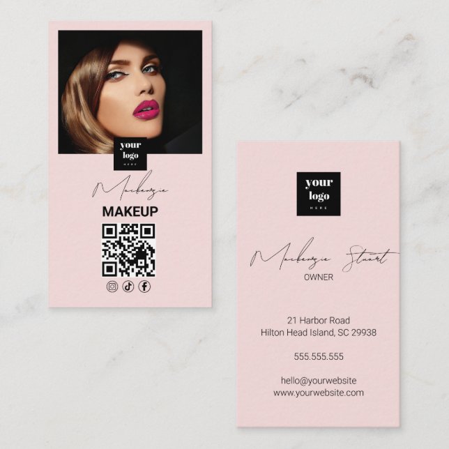 Cartão De Visita Blush Pink Script Ícone Social QR Code Foto Maquia (Frente/Verso)