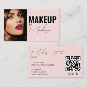 Cartão De Visita Blush Pink Script Ícone Social QR Code Foto Maquia