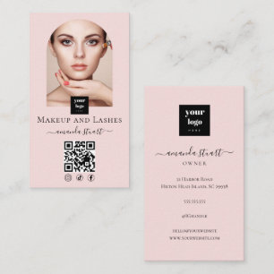 Cartão De Visita Blush Pink Script Ícone Social QR Code Foto Maquia