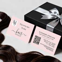 Cartão De Visita Blush Pink Script Logo QR Code Hair Extension