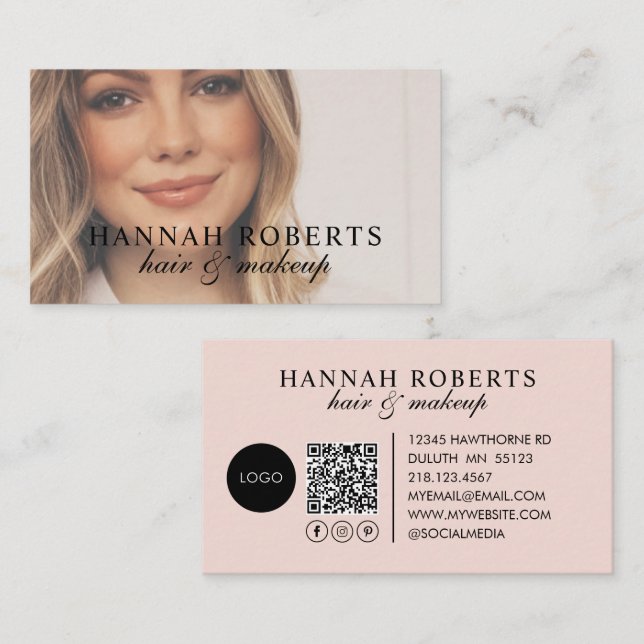 Cartão De Visita Blush Pink Script Logo QR Code Photo Business Card (Frente/Verso)