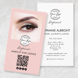 Cartão De Visita Blush Pink Script Logo QR Code Photo Lashes Studio
