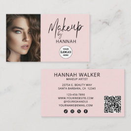 Cartão De Visita Blush Pink Script Logo QR Code Photo Makeup