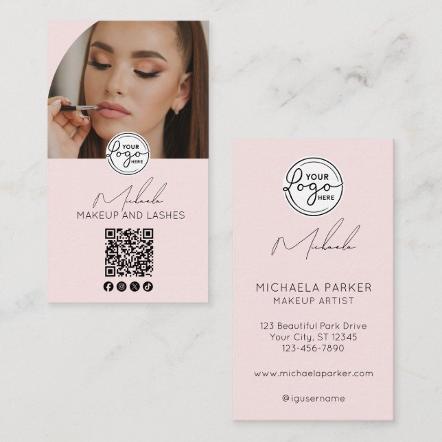 Cartão De Visita Blush Pink Script Logo QR Code Photo Makeup (Frente/Verso)