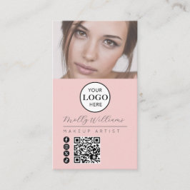 Cartão De Visita Blush Pink Script Logo QR Code Photo Makeup
