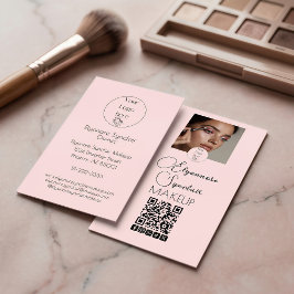 Cartão De Visita Blush Pink Script Logo QR Code Photo Makeup