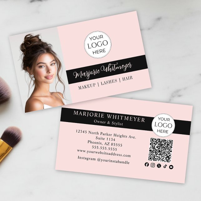 Cartão De Visita Blush Pink Script Logo QR Code Photo Makeup (modern black blush pink script photo makeup business card add your logo qr code social media icons)