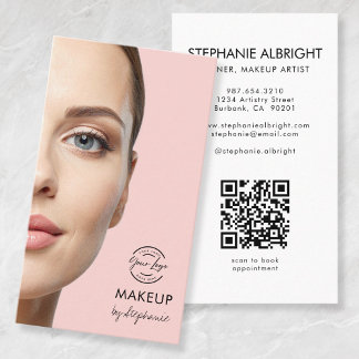 Cartão De Visita Blush Pink Script Logo QR Code Photo Makeup