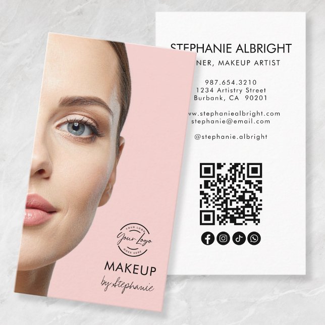 Cartão De Visita Blush Pink Script Logo QR Code Photo Makeup (Criador carregado)