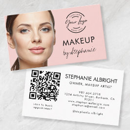 Cartão De Visita Blush Pink Script Logo QR Code Photo Makeup