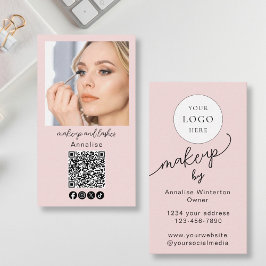 Cartão De Visita Blush Pink Script Logo QR Code Photo Makeup