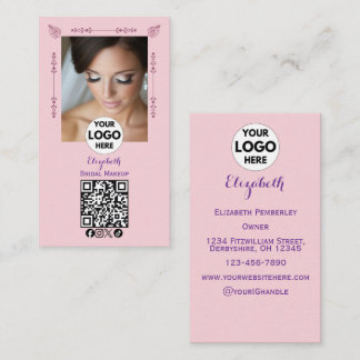 Cartão De Visita Blush Pink Script Logo QR Code Photo Makeup