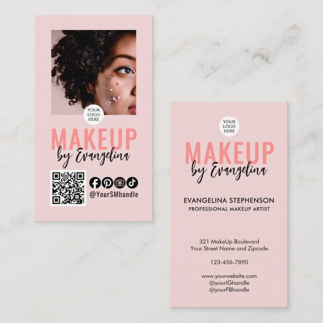 Cartão De Visita Blush Pink Script Logo QR Code Photo Makeup (Frente/Verso)