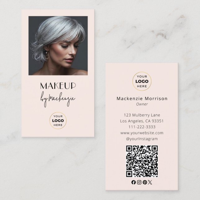 Cartão De Visita Blush Pink Script Logo QR Code Photo Makeup (Frente/Verso)