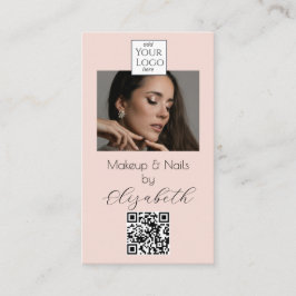Cartão De Visita Blush Pink Script Logo QR Code Photo Makeup Busin