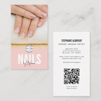 Cartão De Visita Blush Pink Script Logo QR Code Photo Nail Artist