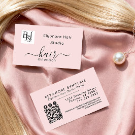 Cartão De Visita Blush Pink Script Logo QR Social Hair Extension