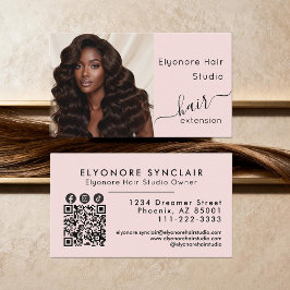 Cartão De Visita Blush Pink Script Photo QR Social Hair Extension