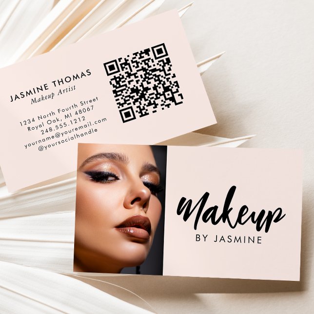 Cartão De Visita Blush Pink Script QR Code Photo Makeup (Criador carregado)