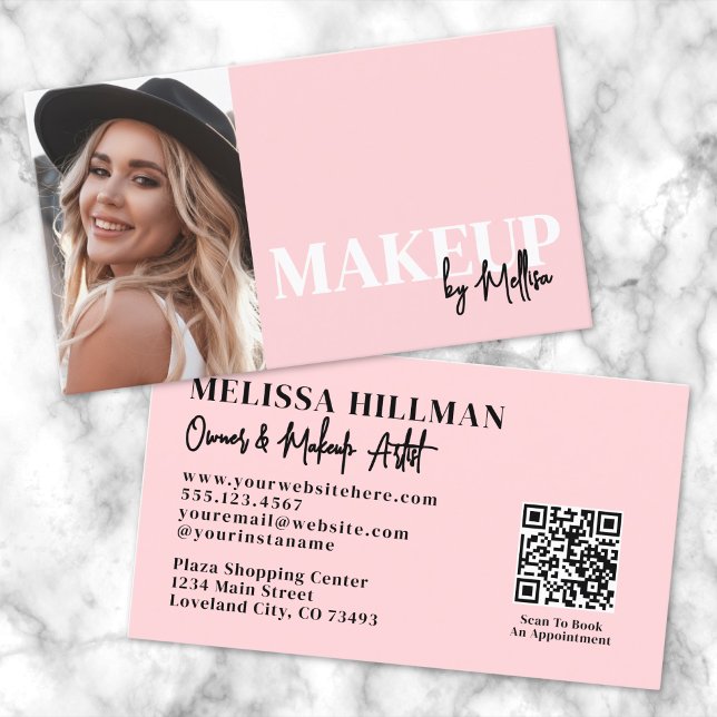 Cartão De Visita Blush Pink Script QR Code Photo Makeup (Blush Pink Script Logo Makeup Name Tag)