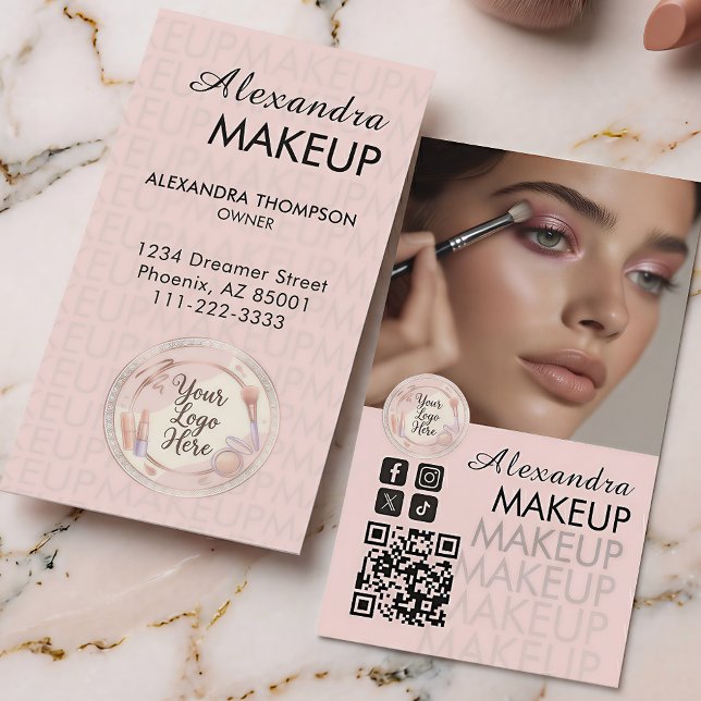 Cartão De Visita Blush Pink Script QR Code Photo Makeup (Criador carregado)