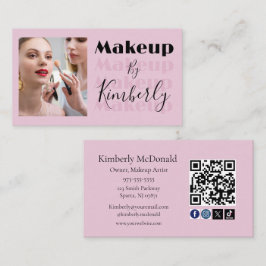 Cartão De Visita Blush Pink Script Social Icon QR Code Photo