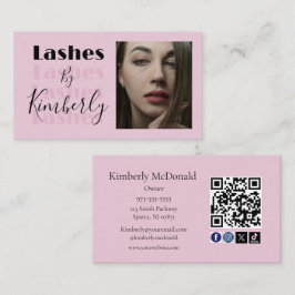 Cartão De Visita Blush Pink Script Social Icon QR Code Photo Lashes