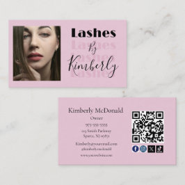 Cartão De Visita Blush Pink Script Social Icon QR Code Photo Lashes