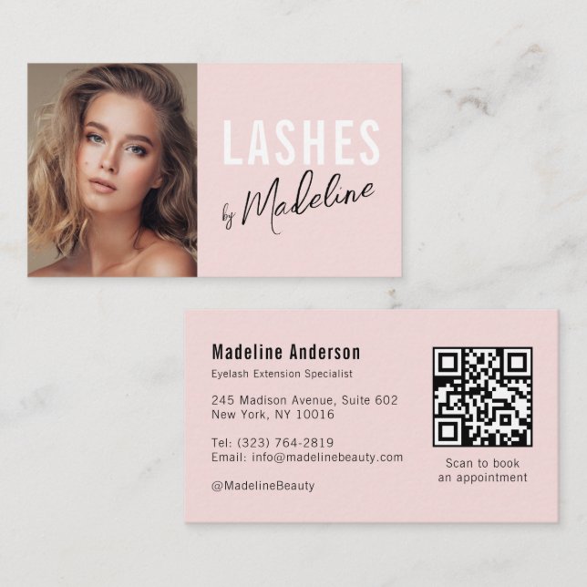 Cartão De Visita Blush Pink Script Social Icon QR Code Photo Lashes (Frente/Verso)