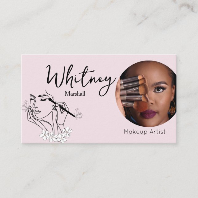 Cartão De Visita Blush Pink Script Social Icon QR Code Photo Makeup (Frente)