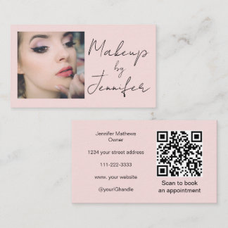 Cartão De Visita Blush Pink Script Social Icon QR Code Photo Makeup