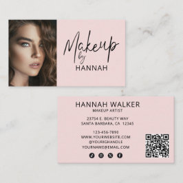 Cartão De Visita Blush Pink Script Social Icon QR Code Photo Makeup