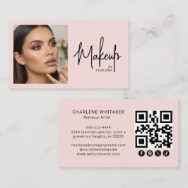 Cartão De Visita Blush Pink Script Social Icon QR Code Photo Makeup