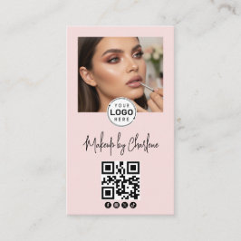 Cartão De Visita Blush Pink Script Social Icon QR Code Photo Makeup