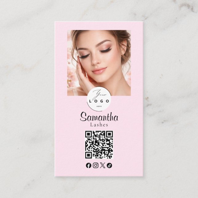Cartão De Visita Blush Pink Script Social Icon QR Code Photo Makeup (Frente)