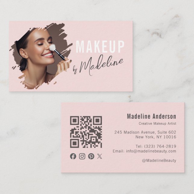 Cartão De Visita Blush Pink Script Social Icon QR Code Photo Makeup (Frente/Verso)