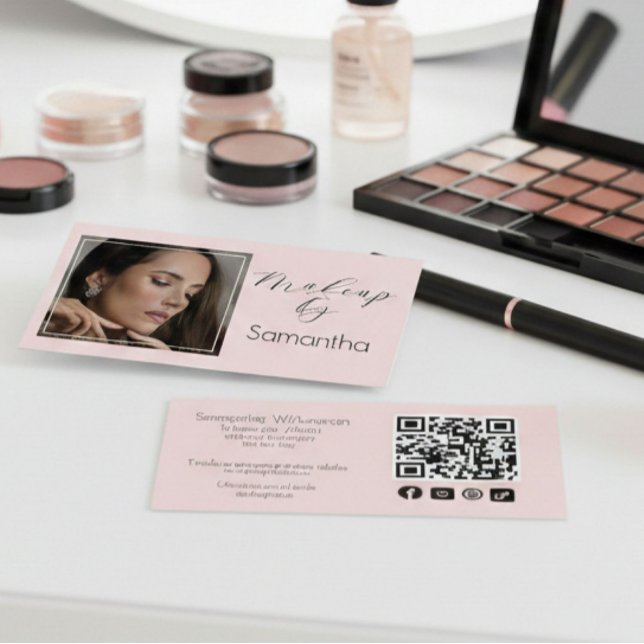 Cartão De Visita Blush Pink Script Social Icon QR Code Photo Makeup (Criador carregado)