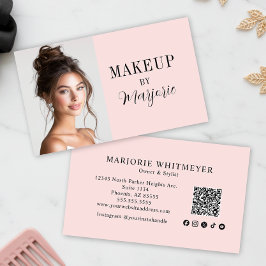 Cartão De Visita Blush Pink Script Social Icon QR Code Photo Makeup