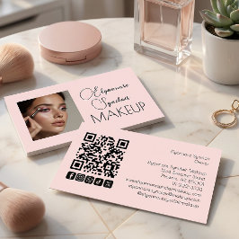 Cartão De Visita Blush Pink Script Social Icon QR Code Photo Makeup